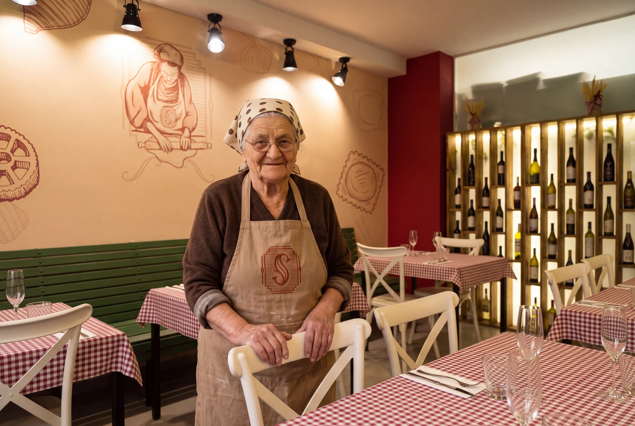 La nonna di aSud nella sala di aSud, appoggiata a una sedia tra i tavoli con le tovaglie a quadri